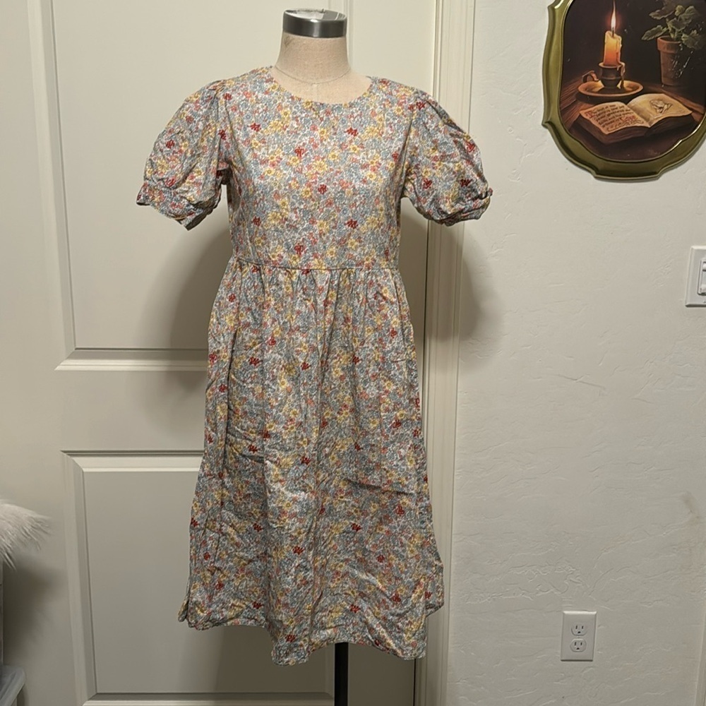 Orage Blue Floral Puff-Sleeve Midi Dress with Yellow Accents